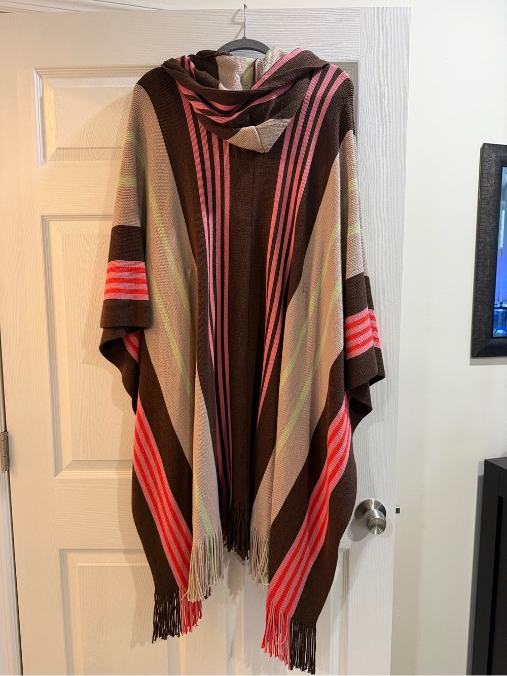 Free People Brown Hooded Poncho with Pink and Coral Stripes and Cream Accents